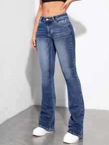 Flexra 斜口袋喇叭腿牛仔裤，女士休闲纽扣、口袋、拉链低腰喇叭腿长蓝色棉质常规版型女式牛仔裤，春/秋，休闲日常穿着 - 藍色 - 查看 4