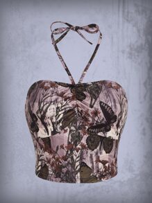 ROMWE Goth 蝴蝶圖案褶邊掛脖上衣 - 彩色 - 查看 1