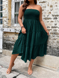 Breezaya Plus Shirred Ruffle Hem Tube Summer Boho Dress