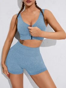 Yoga Basic 無縫高彈力運動型文胸帶騎行褲 - 藍色 - 查看 3