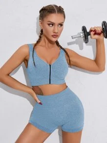 Yoga Basic 無縫高彈力運動型文胸帶騎行褲 - 藍色 - 查看 4