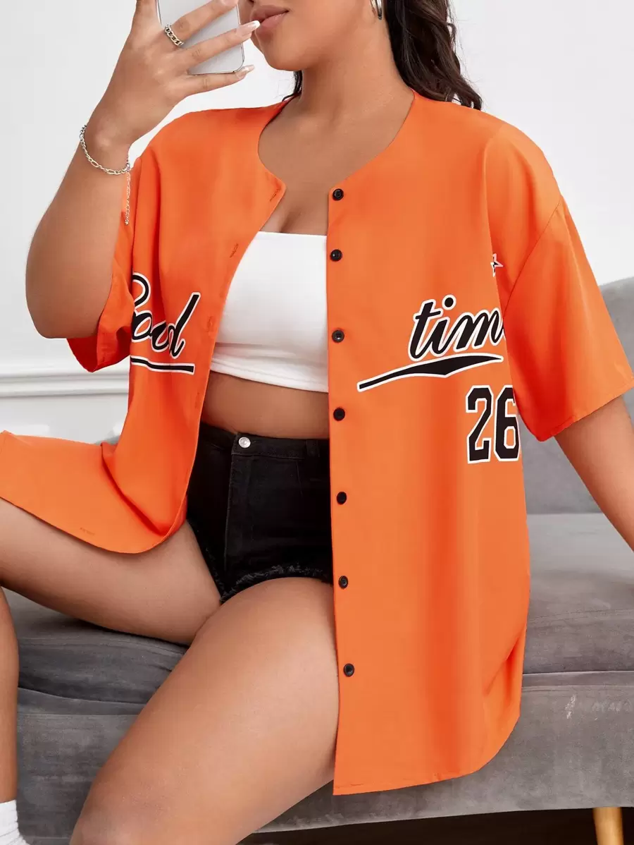 Flirla Plus Letter Graphic Drop Shoulder Button Front Shirt - Orange - View 1