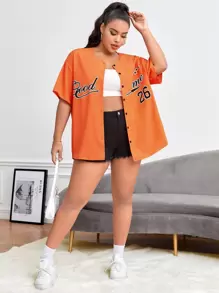 Flirla Plus Letter Graphic Drop Shoulder Button Front Shirt - Orange - View 3