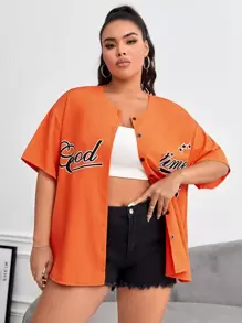 Flirla Plus Letter Graphic Drop Shoulder Button Front Shirt - Orange - View 5