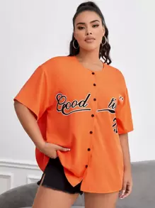 Flirla Plus Letter Graphic Drop Shoulder Button Front Shirt - Orange - View 6