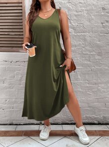 EMERY ROSE Vestido-tanque con cuello en V dividido de talla grande para mujer