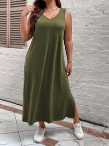 EMERY ROSE Vestido-tanque con cuello en V dividido de talla grande para mujer