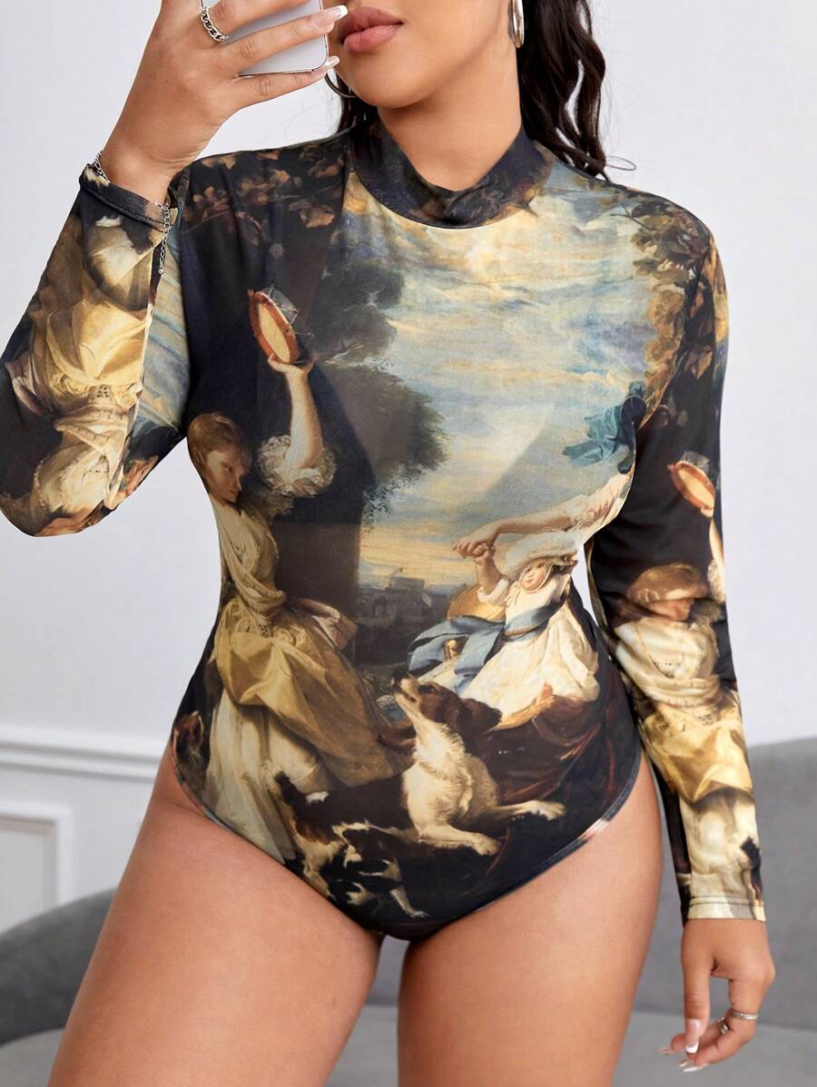 Plus Figure Graphic Mock Neck Mesh Bodysuit - Multicolor - View 1