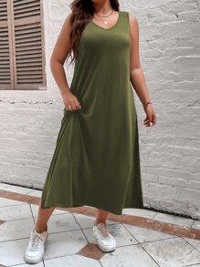 EMERY ROSE Vestido-tanque con cuello en V dividido de talla grande para mujer