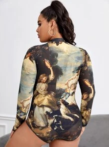 Plus Figure Graphic Mock Neck Mesh Bodysuit - Multicolor - View 2