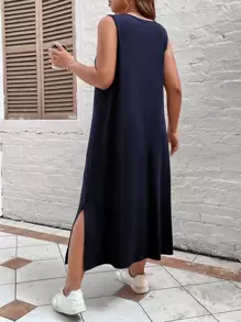 EMERY ROSE Vestido maxi de talla grande de un solo color con cuello en V y tirantes anchos para mujer - Azul Marino - Ver 2