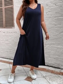 EMERY ROSE Vestido maxi de talla grande de un solo color con cuello en V y tirantes anchos para mujer - Azul Marino - Ver 6