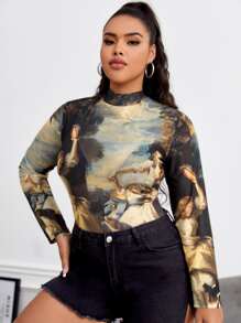 Plus Figure Graphic Mock Neck Mesh Bodysuit - Multicolor - View 5