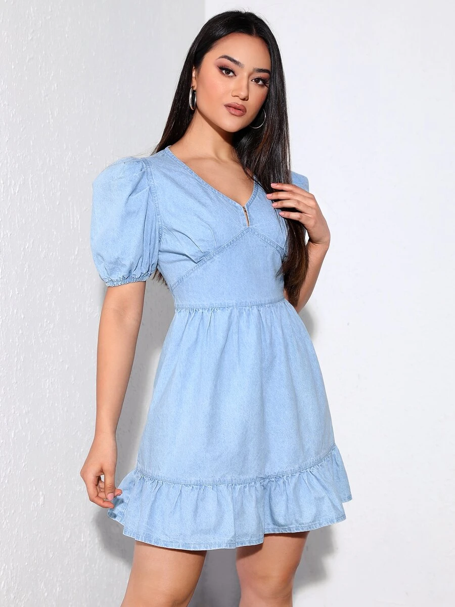 Puff Sleeve Ruffle Hem Denim Dress - Light Wash - View 1