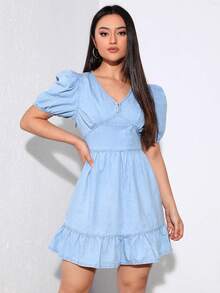 Puff Sleeve Ruffle Hem Denim Dress - Light Wash - View 3
