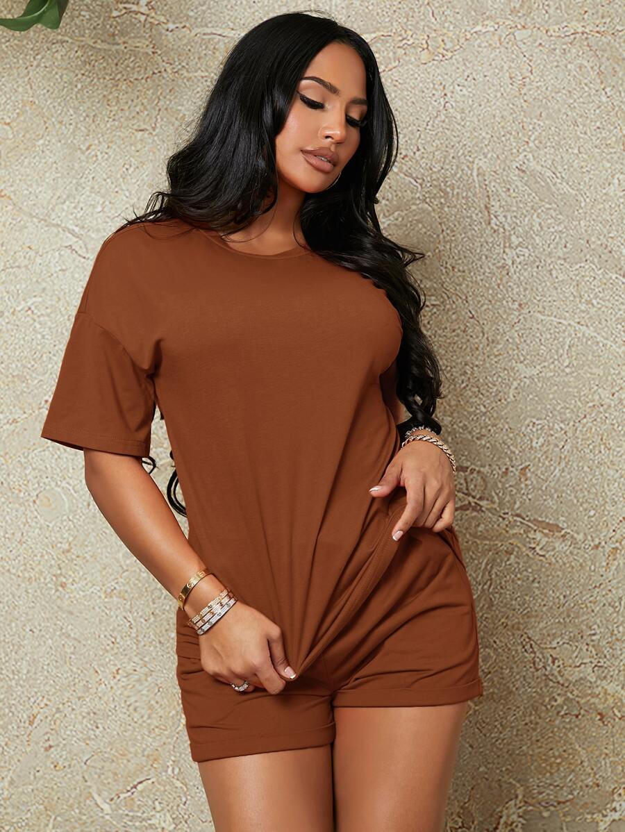 SHEIN SXY Bộ đồ hai mảnh nữ Dây kéo mép Túi màu trơn Giải trí - Rỉ Nâu - Xem 1