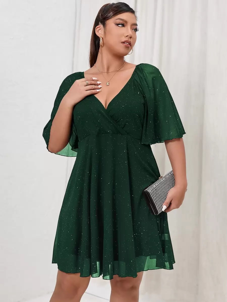 Rometta Vestido de malla con cuello de uve y mangas de mariposa para tallas grandes - Verde Oscuro - Ver 1