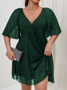 Rometta Vestido de malla con cuello de uve y mangas de mariposa para tallas grandes - Verde Oscuro - Ver 4