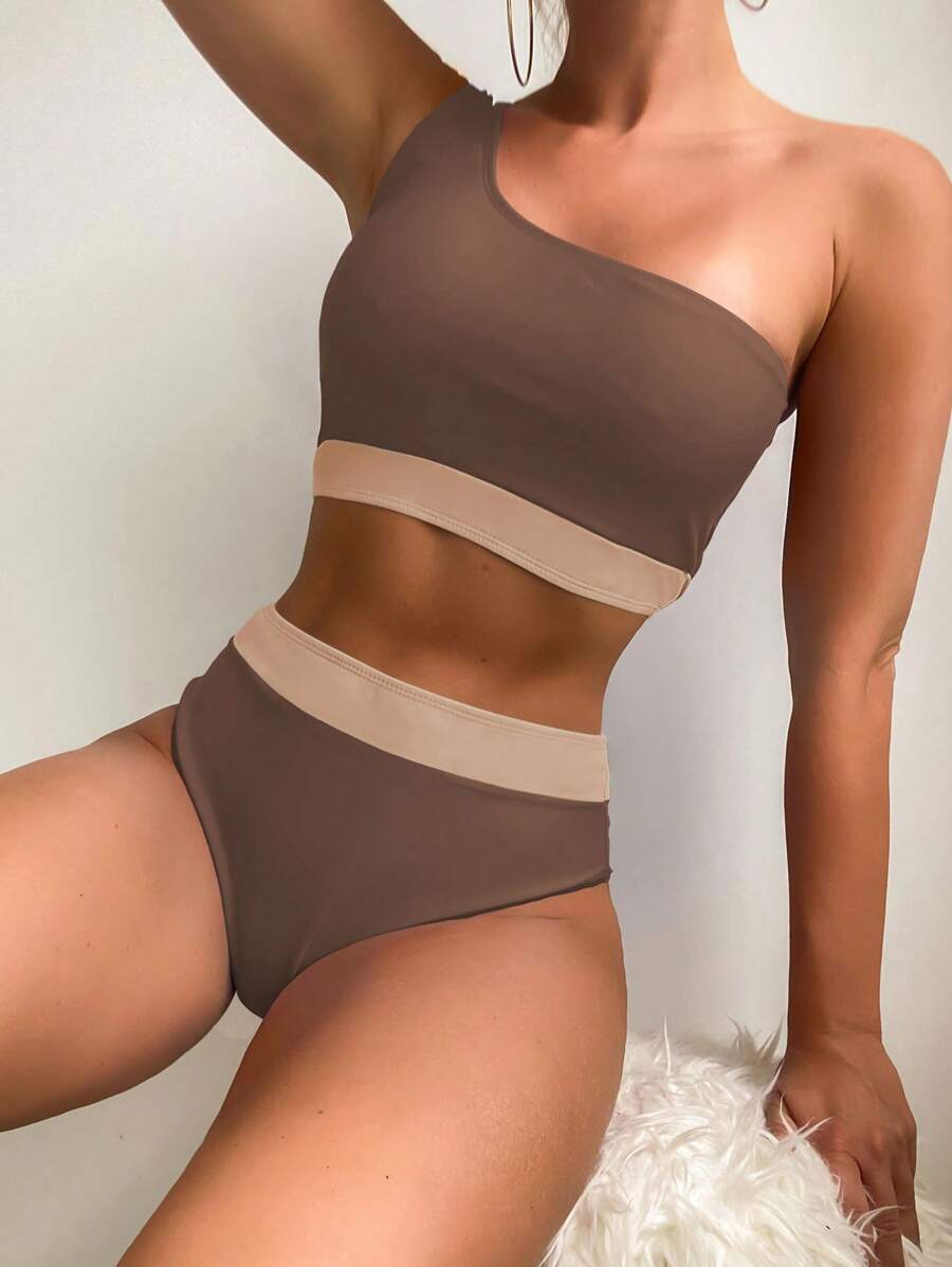 Bộ Bikini Hai Tông Màu Tương Phản Viền Một Vai Áo Ngực Không Dây & Cao Cấp Bikini 2 Mảnh Bikini Đi Biển Mùa Hè - Cà phê nâu - Xem 1