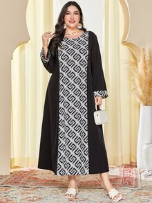 Al Najma Ropa árabe de talla grande Color combinado Geométrico Sencillo - Negro - Ver 3