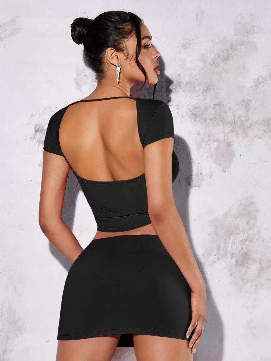SHEIN BAE Solid Backless Crop Tee & Bodycon Skirt - Black - View 1