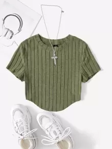 SHEIN EZwear 素色弧形下擺短款T恤