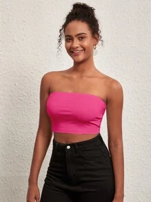 SHEIN BASICS Top De Tubo Acanalado Y Recortado Sólido - Rosa Fucsia - Ver 5