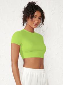 SHEIN BASICS Chất rắn Ngắn tay Áo phông Crop - Màu xanh chanh - Xem 3