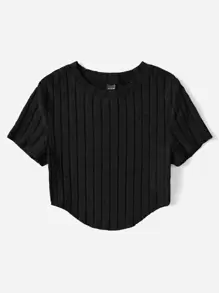 SHEIN EZwear Solid Curved Hem Crop Tee - Black - View 3