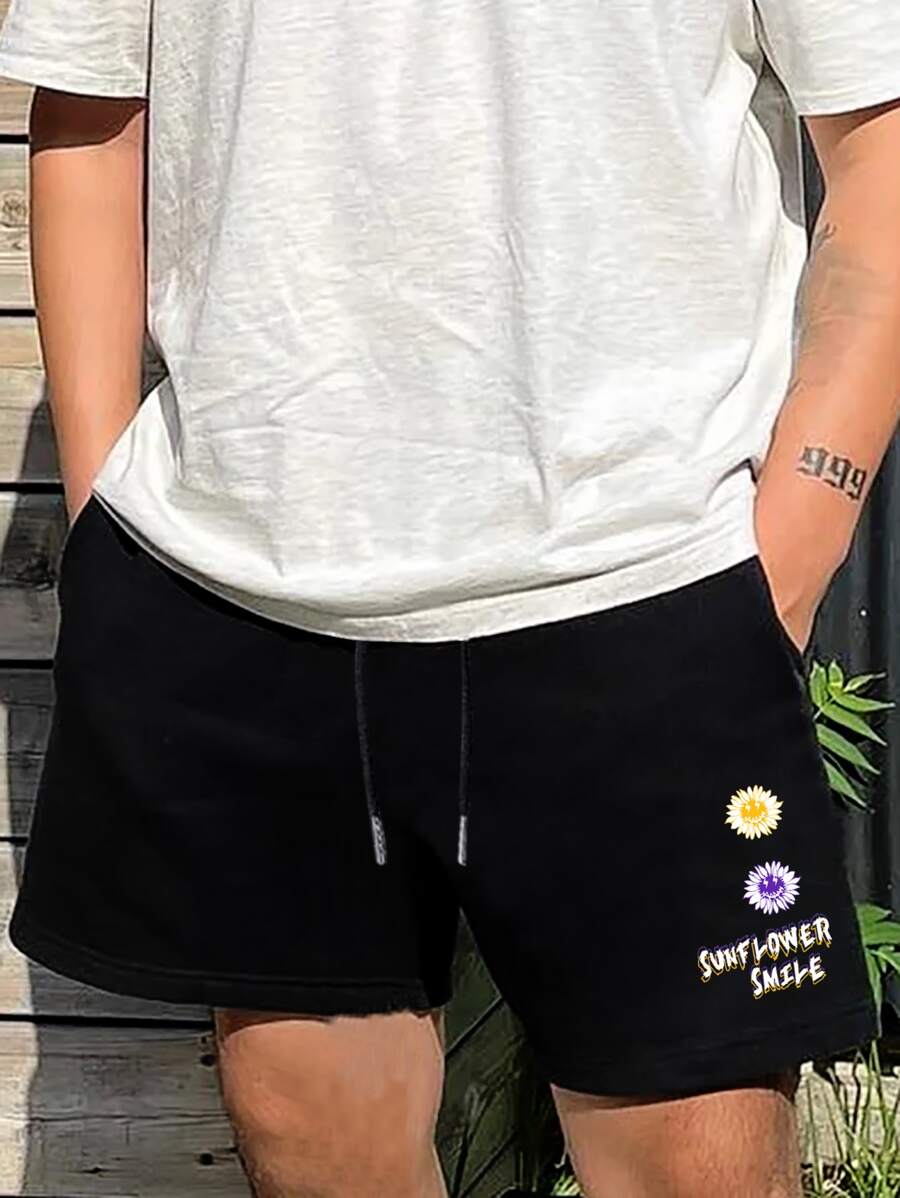 Manfinity Hypemode Men Floral & Letter Graphic Drawstring Waist Shorts - Black - View 1