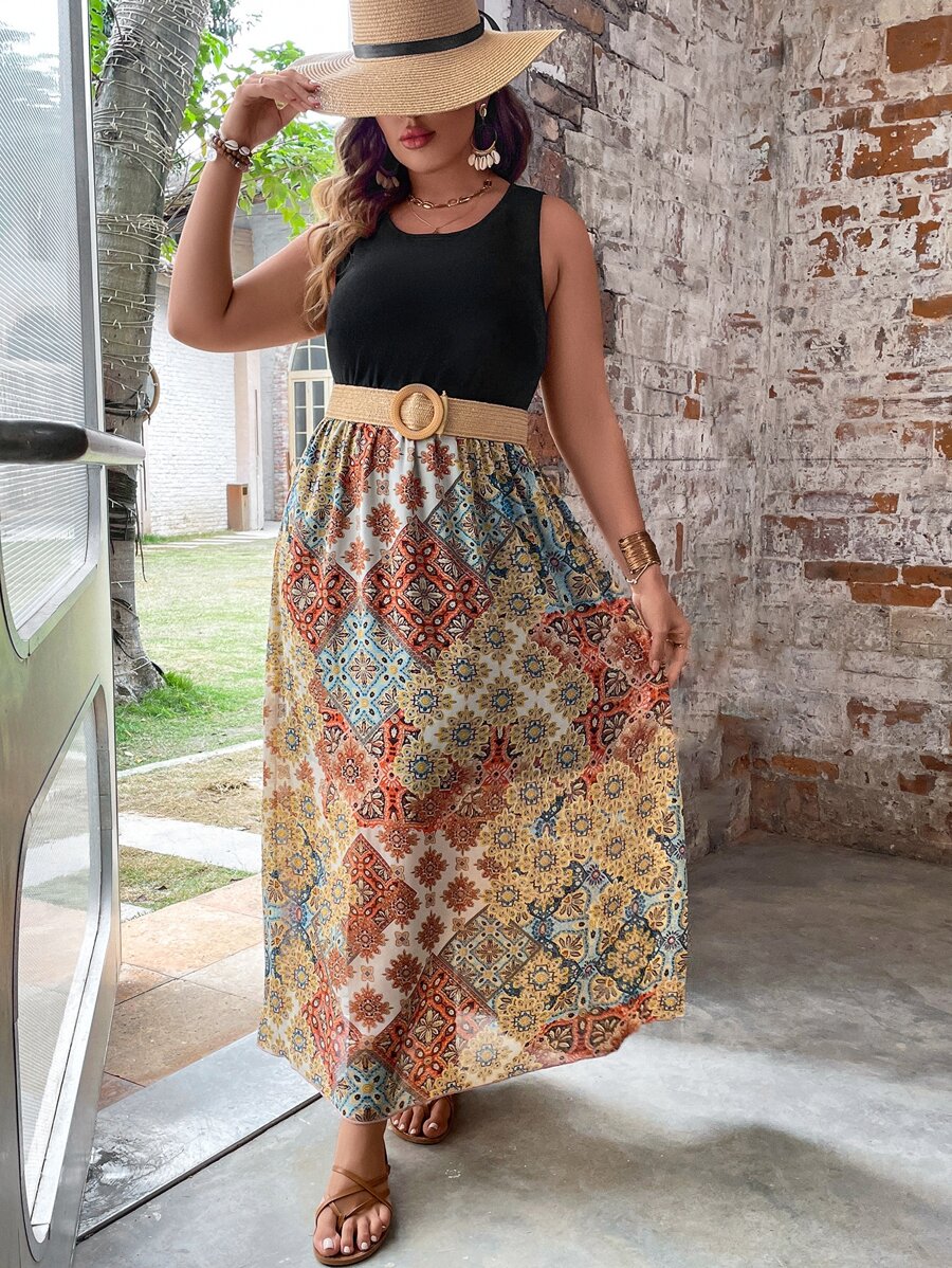 Breezaya Vestido sin manga con estampado de retazo - Multicolor - Ver 1