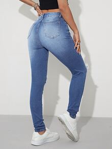Ripped Cut Out Skinny Jeans - Dark Wash - View 2