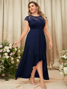 MIUSOL Plus Sheer Yoke Lace Bodice High Low Hem Maxi Formal Dress - Navy Blue - View 4