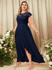 MIUSOL Plus Sheer Yoke Lace Bodice High Low Hem Maxi Formal Dress - Navy Blue - View 6