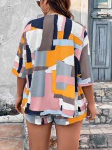 SHEIN Holidaya Plus Geo Print Drop Shoulder Open Front Coat & Shorts - Pink - View 2