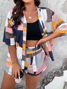 SHEIN Holidaya Plus Geo Print Drop Shoulder Open Front Coat & Shorts - Pink - View 4