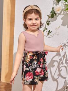 SHEIN Toddler Girls Floral Print Notched Neckline Belted Romper - Dusty Pink - View 3