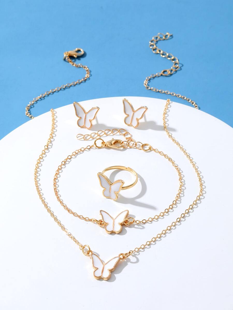 5入組/套可愛蝴蝶裝飾首飾套裝適合女士日常裝飾 - 金黃色 - 查看 1