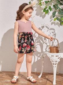 SHEIN Toddler Girls Floral Print Notched Neckline Belted Romper - Dusty Pink - View 6