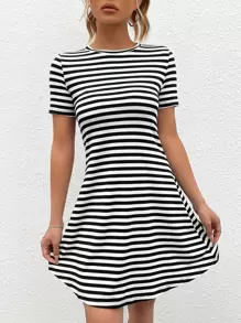 SHEIN EZwear Striped Print Tee Dress - Black and White - View 2