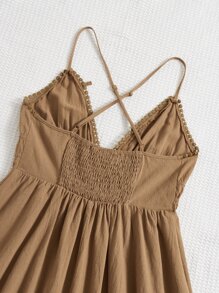 Soleia Shirred Back Tie Front Cami Dress - Brown - View 3