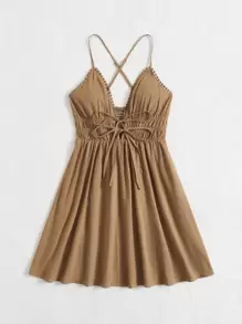 Soleia Shirred Back Tie Front Cami Dress - Brown - View 4