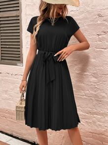 SHEIN Clasi Vestido con cinturón unicolor bajo fruncido - Negro - Ver 3