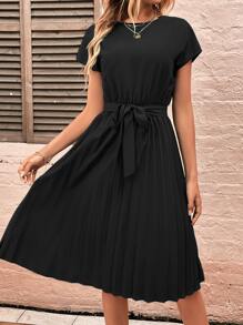 SHEIN Clasi Vestido con cinturón unicolor bajo fruncido - Negro - Ver 4