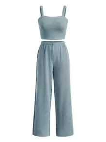 SHEIN Leap Crew Teen Girls Solid Cami Top & Wide Leg Trousers - Dusty Blue - View 1