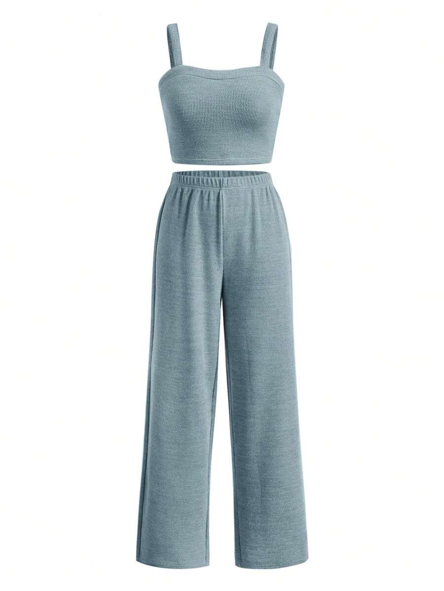 SHEIN Leap Crew Teen Girls Solid Cami Top & Wide Leg Trousers - Dusty Blue - View 1