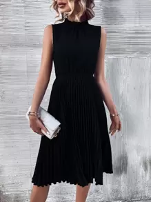 SHEIN LUNE Đầm Xếp li màu trơn Thanh lịch - màu đen - Xem 3