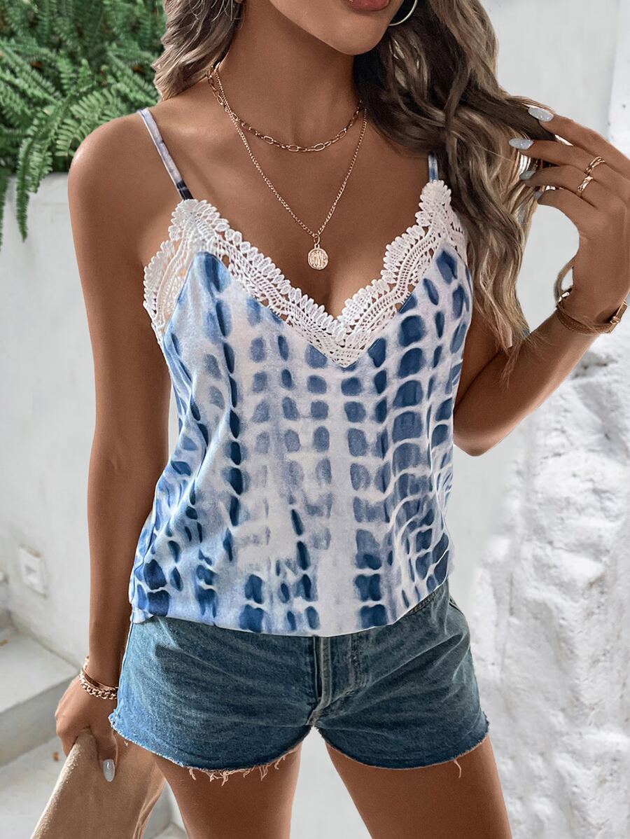 Tie Dye Contrast Lace Cami Top - Blue and White - View 1