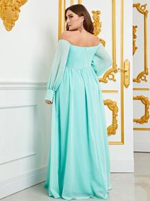 Plus Off Shoulder Lantern Sleeve Chiffon Formal Dress - Mint Green - View 2