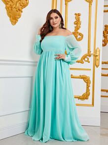 Plus Off Shoulder Lantern Sleeve Chiffon Formal Dress - Mint Green - View 3